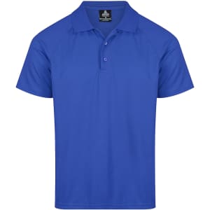 A blue polo shirt with a collar and three buttons, featuring a logo on the upper left.
