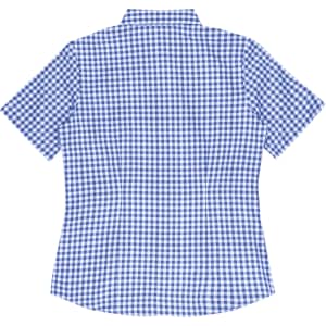 A short-sleeve button-up shirt in blue and white gingham pattern with a back view. Features a collar and has a logo.