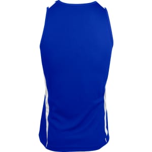 A blue singlet with white side stripes and a logo on the back.