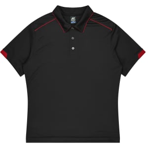 A black polo shirt with red accents, featuring a collar and buttons. It includes a logo on the chest area.