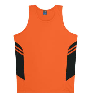 An orange singlet featuring black side panels and a logo on the front. Ideal for kids' casual wear.