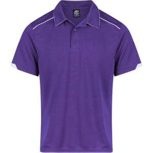 A purple polo shirt with white accents and a collar, featuring a logo on the chest.