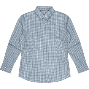 A long sleeve button-up shirt in a blue and white check pattern, featuring a collar and one chest pocket.