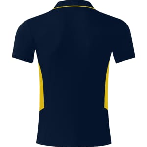 A navy blue polo shirt with yellow side accents and a collar, featuring a logo on the front.