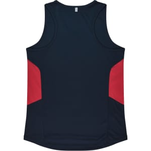 A sleeveless singlet in navy with red side panels, featuring a logo on the back.