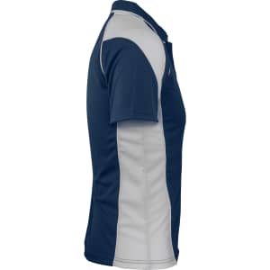 A navy and grey polo shirt with short sleeves and a logo on the front.