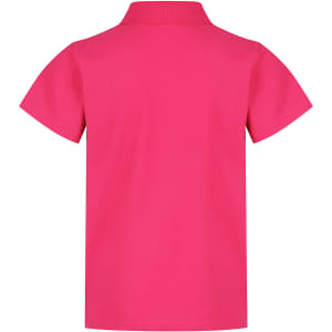 A bright pink polo shirt with a classic collar and short sleeves, featuring a logo on the back.