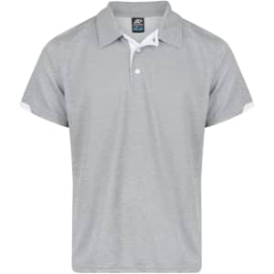 A grey polo shirt featuring a white collar and side details, with a small logo on the chest.