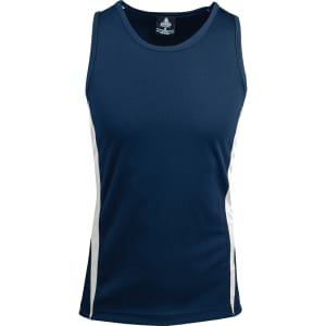 A navy singlet with white side stripes. It features a branded label at the neckline.