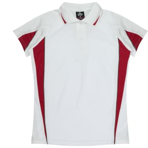A polo shirt in white with red accents and a logo on the chest, featuring a classic collar and short sleeves.