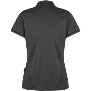A dark grey polo shirt with a classic collar and short sleeves, featuring a logo on the side.