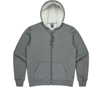 A grey zip-up men's hoodie featuring a lined hood and front pockets, with a logo on the inside.