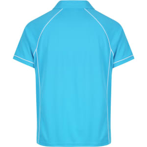 A turquoise polo shirt with a sporty design and contrasting white piping, featuring a branded logo.