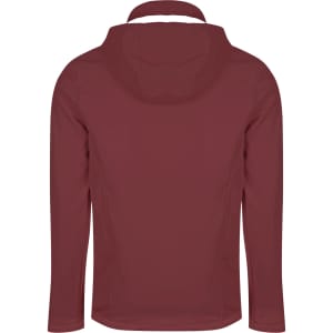 A maroon jacket with a hood, featuring a simple design and a logo on the back.