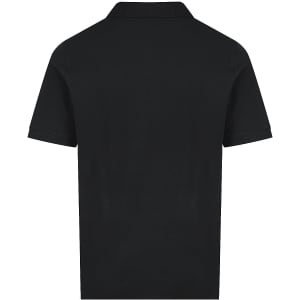 A black polo shirt displaying a simple, classic design with a collar and short sleeves. It features a logo.
