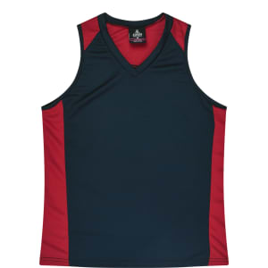 A dark blue singlet with red sides and a V-neck design, featuring a logo on the inside collar.