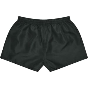 Dark green rugby shorts with an elastic waistband and a smooth, shiny fabric. Features a logo on the side.