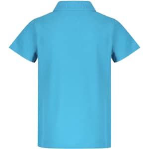 A turquoise polo shirt for kids with a classic collar and short sleeves. The back is plain and features a logo.