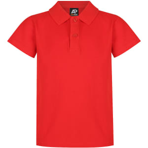 A red polo shirt for kids with a collared neck and two buttons, featuring a logo.