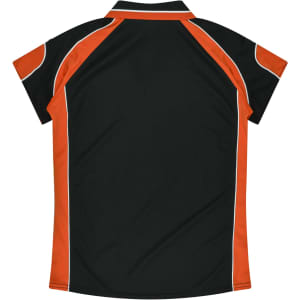 A black polo shirt with orange detailing and reflective accents, featuring a logo on the upper back.