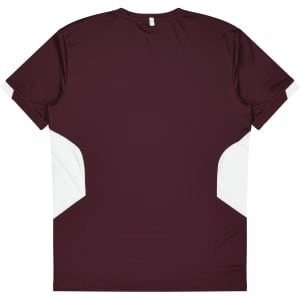 A maroon T-shirt with white accents on the sides and a simple back design, featuring a logo.