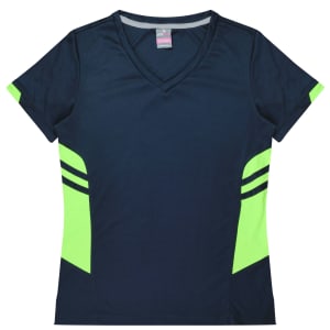 A navy T-shirt with vibrant green accents and a V-neck design, featuring a logo.