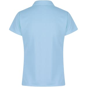 A light blue polo shirt with a short sleeve and a classic collar, featuring a branded logo.