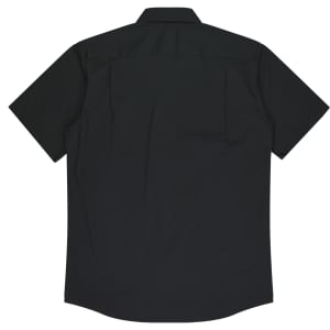 A short sleeve black button-up shirt featuring a simple design. Includes a logo on the front.