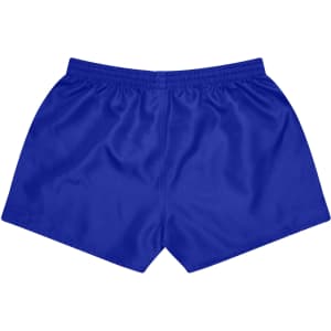 Blue sports shorts featuring an elastic waistband and a simple design, with a logo on the back.