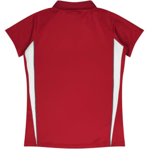 A red polo shirt featuring short sleeves and side panels, complete with a collar and branding.