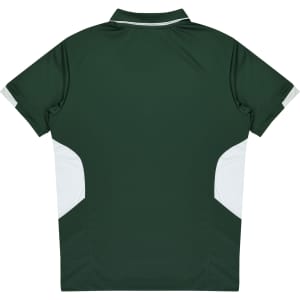 A green polo shirt with white side panels and a collar, featuring a logo on the back.