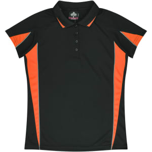 A black polo shirt with orange accents and a collar, featuring a logo.