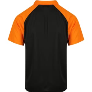 A polo shirt featuring black and orange colours, showcasing short sleeves and a classic collar. The shirt has a logo.