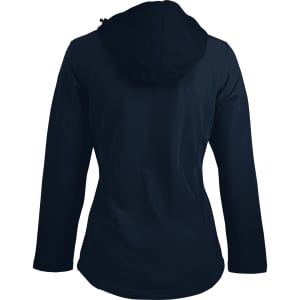 A soft shell jacket in navy blue with a hood, featuring a simple design and a branding logo.