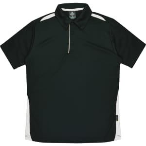 A dark green polo shirt with white side accents and a collar, featuring a logo on the front.
