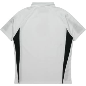 A white polo shirt with black side panels and a collar. It features branding on the fabric.