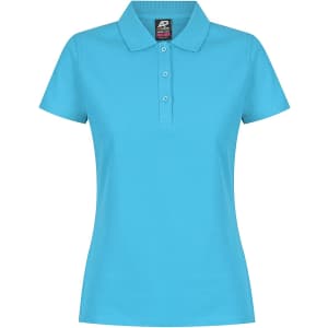 A blue polo shirt for women with a classic collar and three-button placket. Features a logo on the label.