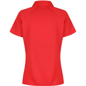 A red polo shirt with a classic collar and short sleeves, featuring a logo on the back.