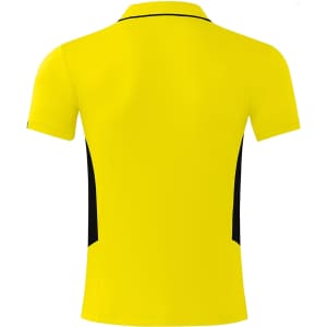 A yellow polo shirt with black side panels and a collar, featuring a logo on the back.