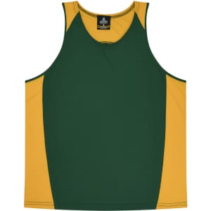 A green and gold singlet with contrasting panels, featuring a logo at the neckline.