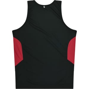 A black singlet with red side panels and a small logo on the back.