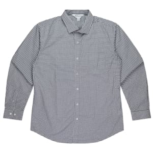 A long sleeve button-up shirt featuring a checkered pattern in shades of black and white. It has a collar and cuffs.