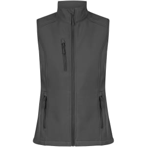 A dark grey work vest featuring a front zip, two side pockets, and a sleek design. It has a logo.