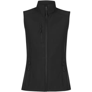 A black work vest featuring a zip-up front and two zippered pockets, designed for women's workwear.