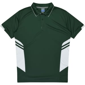 A green polo shirt with white accents and a logo, featuring a collar and button placket.