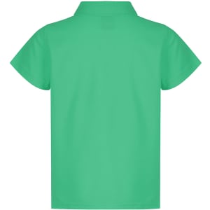 A green polo shirt with a short-sleeve design and a collar, featuring a logo on the front.