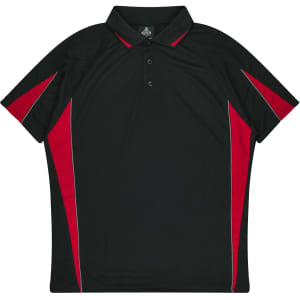 A black polo shirt featuring red accents and a logo, designed for kids.