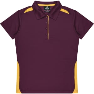 A maroon polo shirt with yellow side details and a collar, featuring three buttons and a logo.