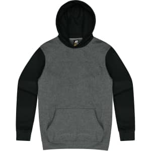 A grey and black hoodie featuring a front pocket and a hood, with a branding logo on the inside.