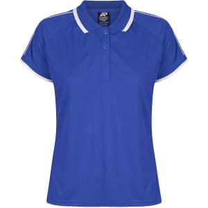 A blue polo shirt with short sleeves, contrasting white trim, and a collar. It features a logo on the branding tag.